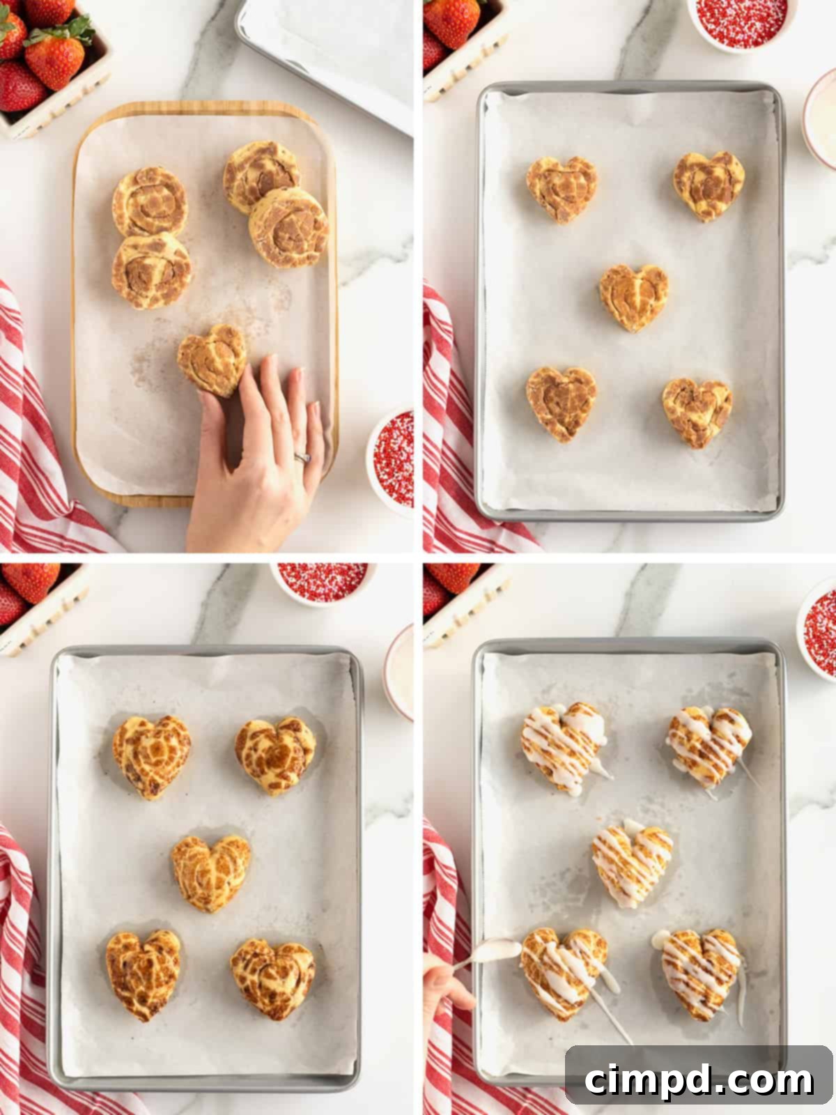 Sweetheart Swirls 6 Step-by-step image guide on how to shape cinnamon rolls into hearts