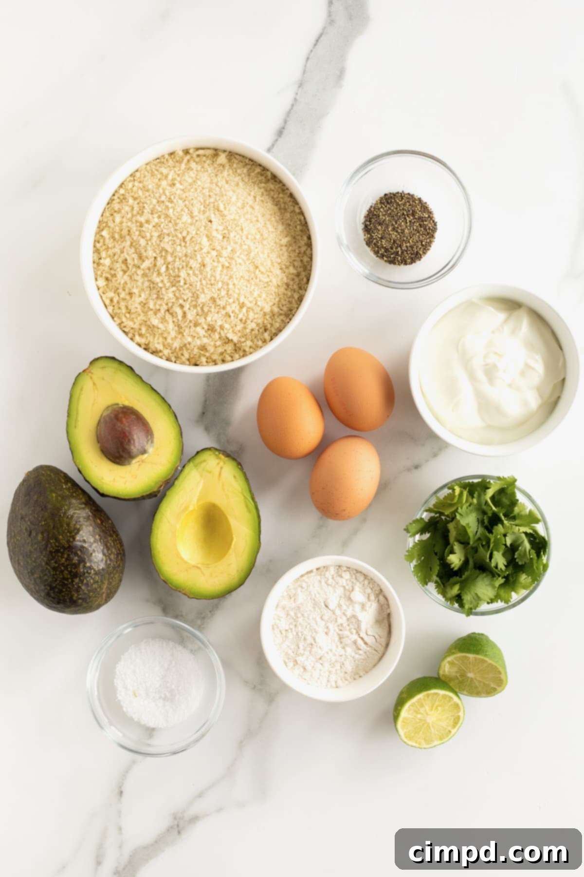 A vibrant flat lay of ingredients for baked avocado fries: whole and halved avocados, a bowl of panko breadcrumbs, three large brown eggs, a bunch of fresh cilantro, and a lime cut in half, all arranged on a white marble countertop.