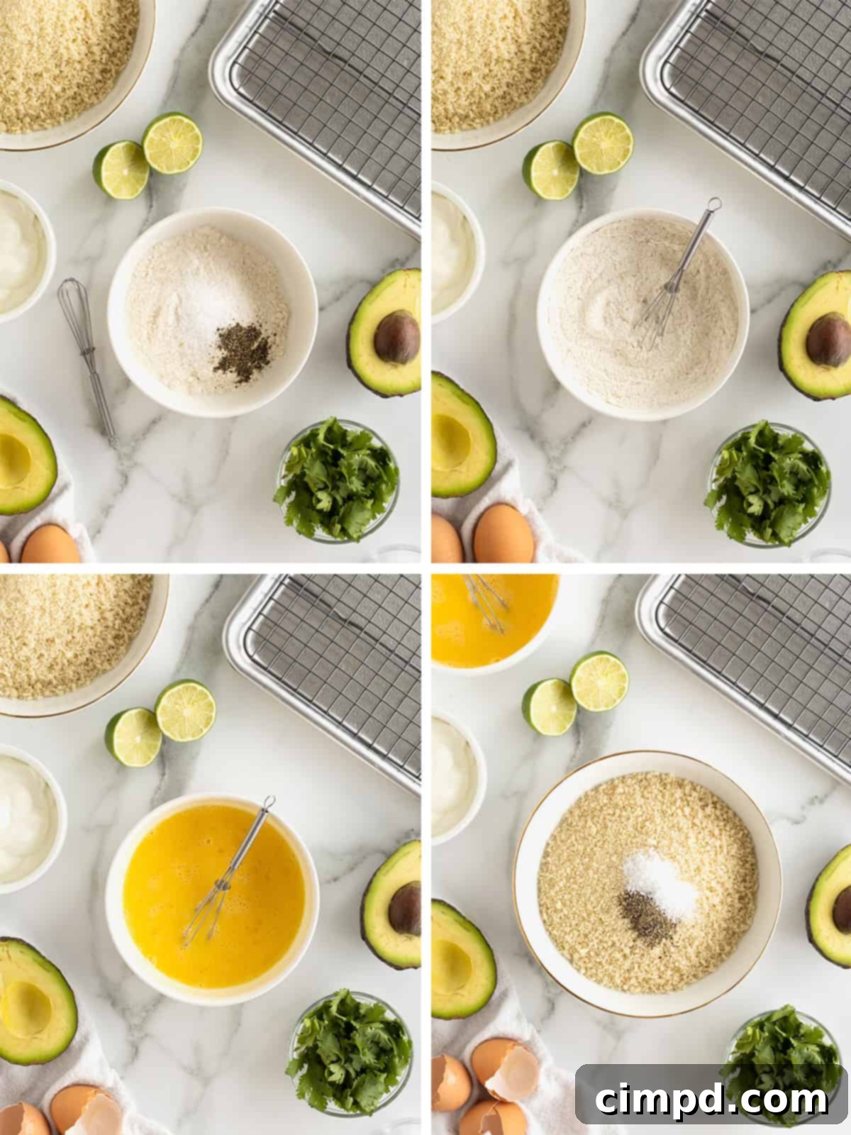Three shallow bowls set up for breading: one with seasoned flour, one with beaten eggs, and one with seasoned panko breadcrumbs, ready for making baked avocado fries.