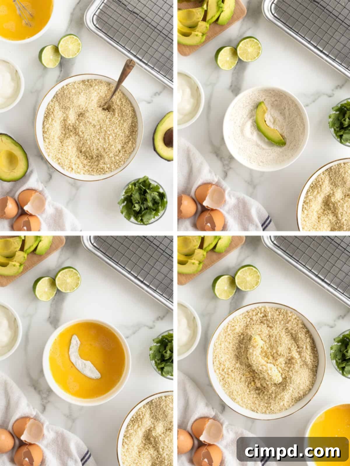 A sequence of images showing the breading process for baked avocado fries, from flouring to egg wash to coating in panko, placed on a baking rack.