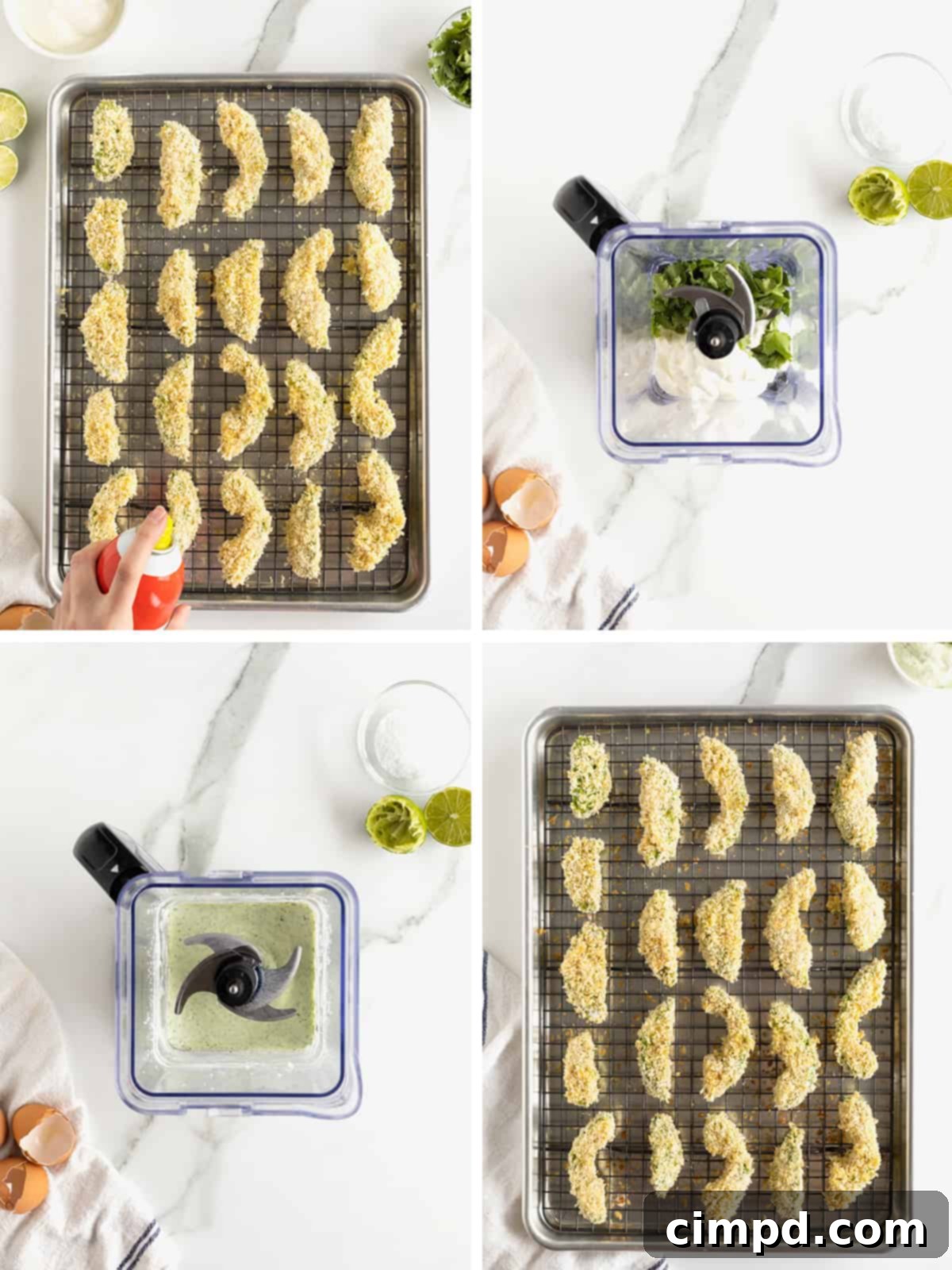 A close-up shot showing the final steps of preparing baked avocado fries, including the finished product on a rack and the blended cilantro lime dipping sauce.