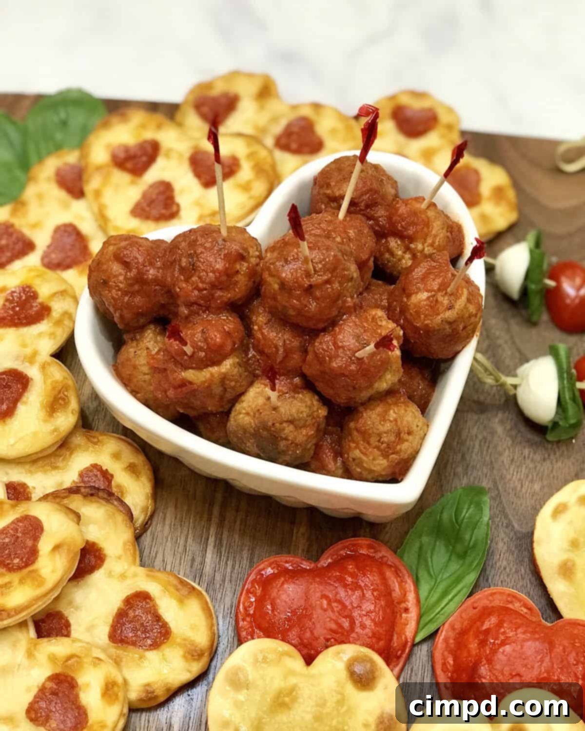Savoring Love: An Italian Valentine's Dinner Board 3 Delicious Mini Meatballs with Marinara Sauce on an Italian-Themed Valentine's Day Dinner Board