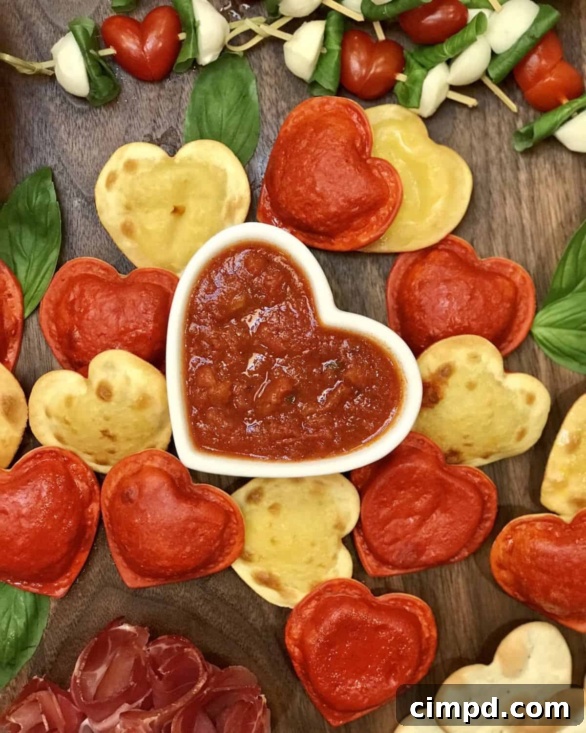 Savoring Love: An Italian Valentine's Dinner Board 5 Toasted Heart-Shaped Ravioli, a unique and delicious addition to an Italian-themed dinner board