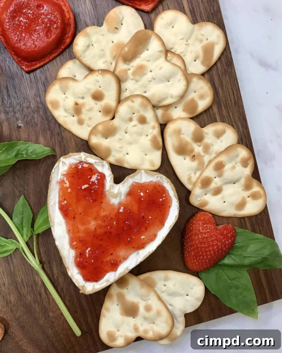 Savoring Love: An Italian Valentine's Dinner Board 7 Heart-Shaped Brie Cheese and crackers, a delightful feature of an Italian-themed Valentine's Day board
