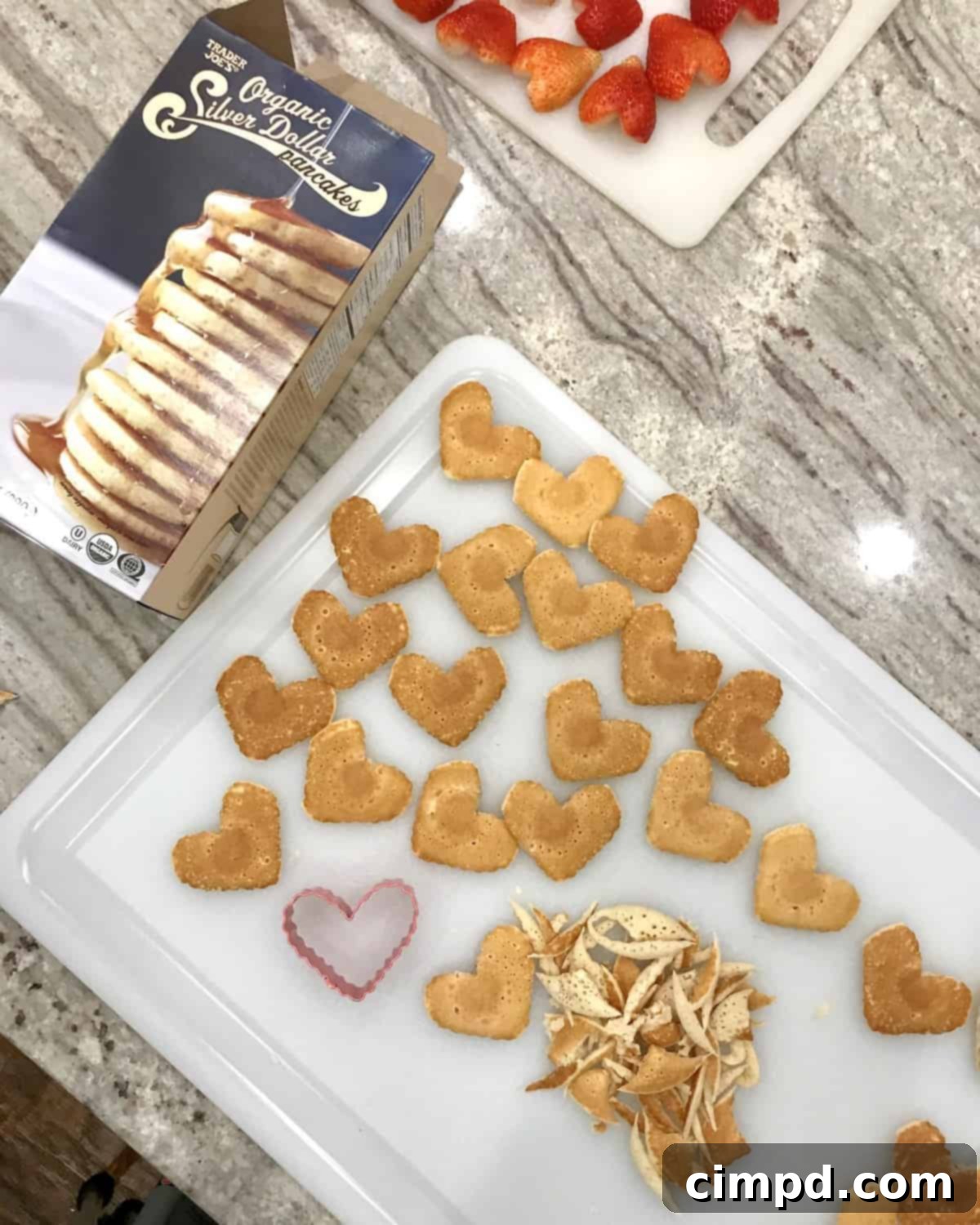 Cupid's Pancake Skewers 6 Plate of thawed silver dollar pancakes ready for cutting