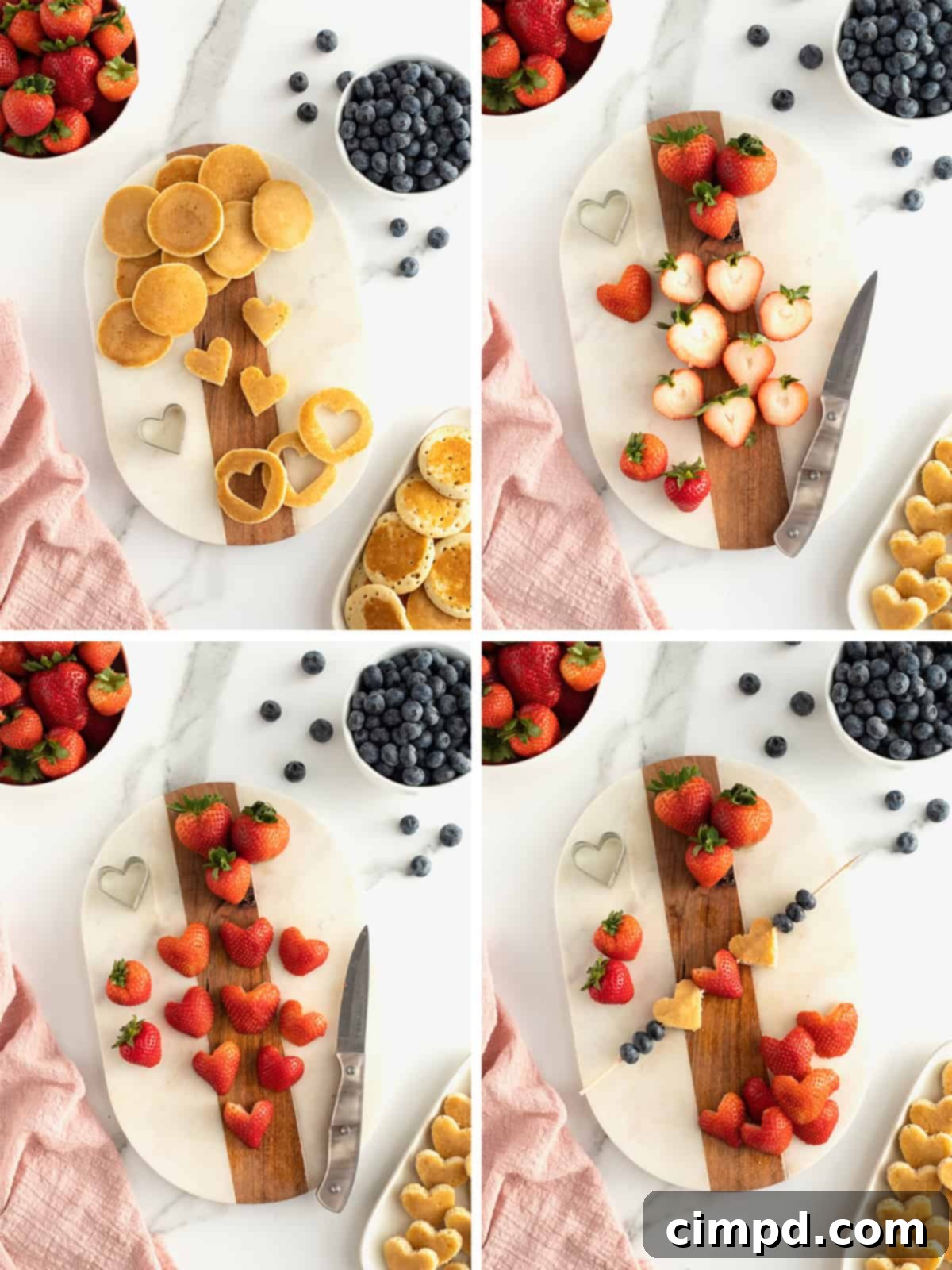 Cupid's Pancake Skewers 8 Assembled Cupid's Pancake Kabobs on a rustic wooden board