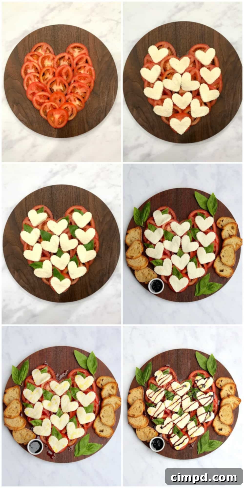 Caprese Hearts 5 A completed Heart Caprese Salad, ready to be served on a rustic wooden board.