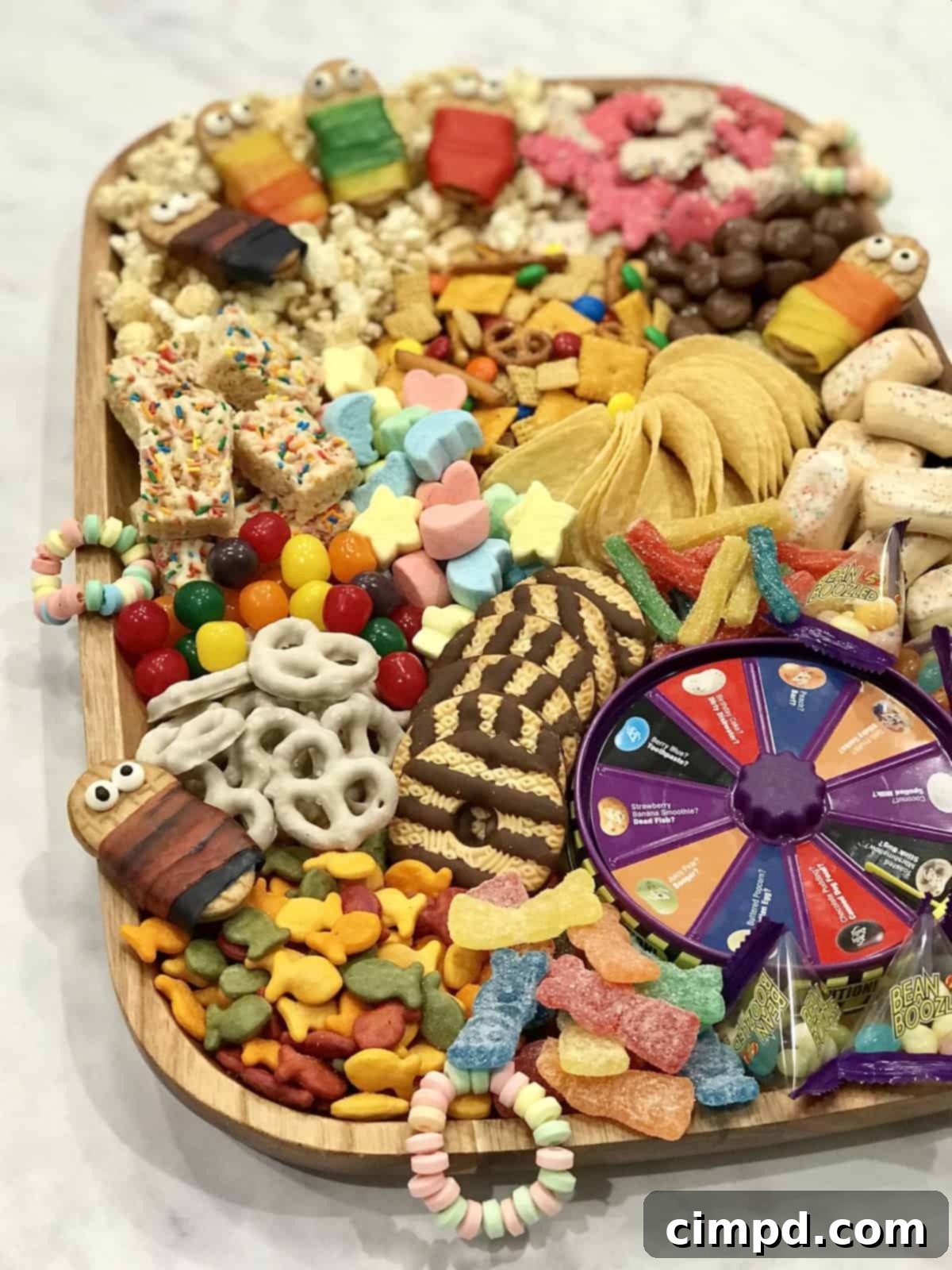 Overhead view of the Slumber Party Snack Board, showcasing the variety of snacks, including Nutter Butter sleeping bags and colorful crackers.