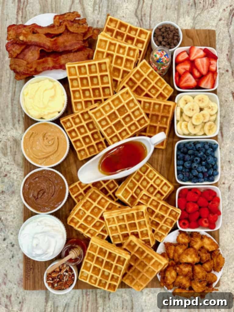 A rectangular wood food board generously filled with golden waffles, fresh fruits, crispy bacon, and an assortment of delightful toppings.