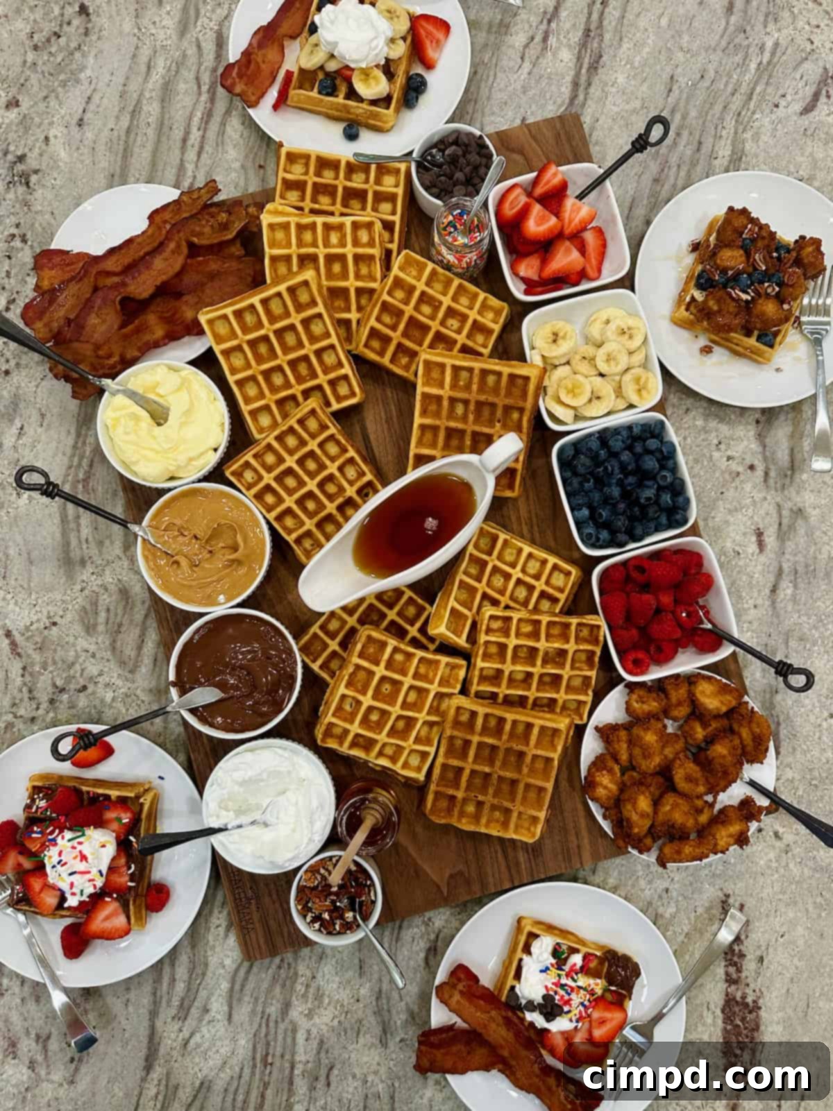 A rectangular wood food board overflowing with perfectly cooked waffles, a colorful medley of fresh berries, crispy bacon, and an array of sweet and savory toppings, ready for serving.