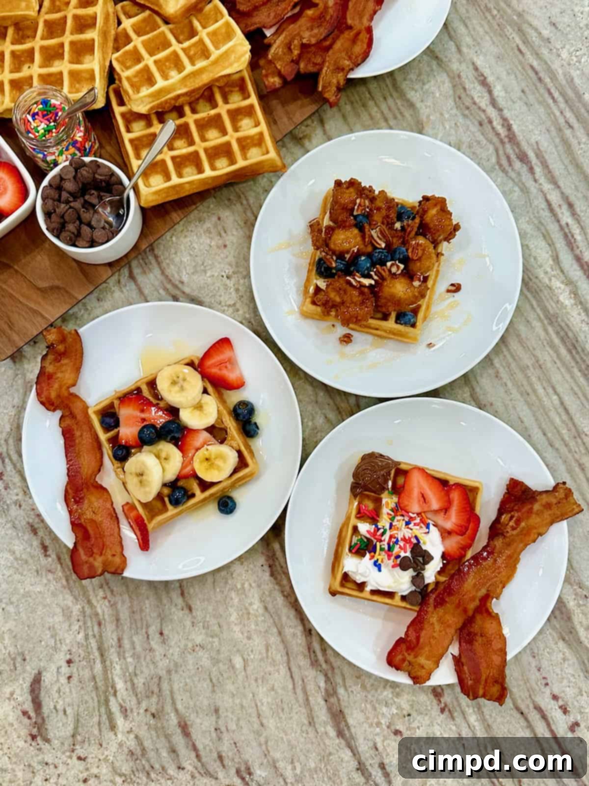 A rectangular wood food board lavishly arranged with crispy waffles, fresh berries, sliced bananas, creamy spreads, and an assortment of delicious toppings, ready for a delightful meal.