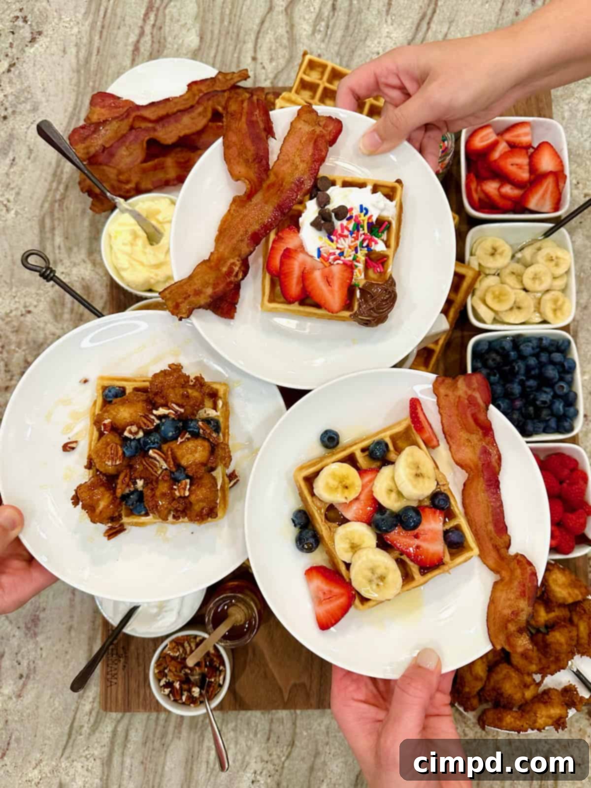 Three individual plates, each showcasing a waffle adorned with a unique combination of toppings and side items, highlighting the versatility of a waffle board.