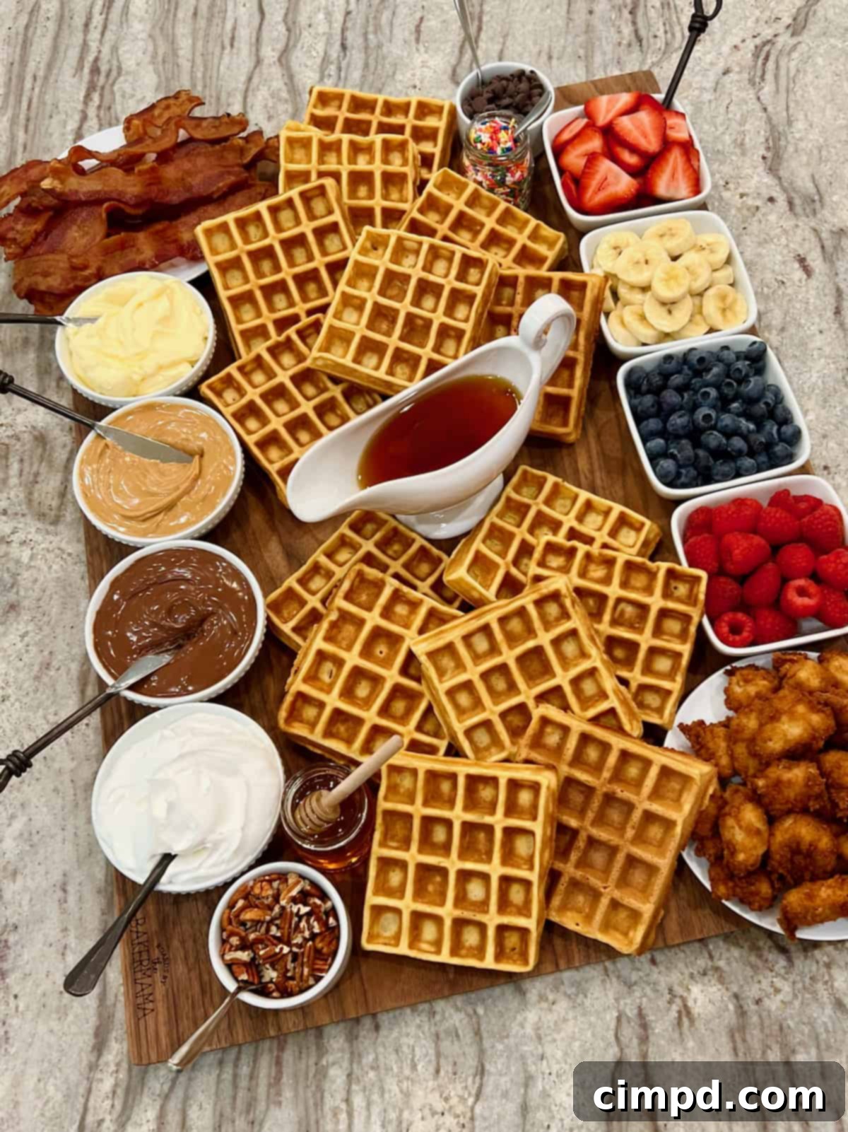 A rectangular wood food board artfully arranged with cooked waffles, crispy bacon, various fresh fruits like berries and bananas, and small bowls filled with delectable toppings such as chocolate chips, sprinkles, and whipped cream.