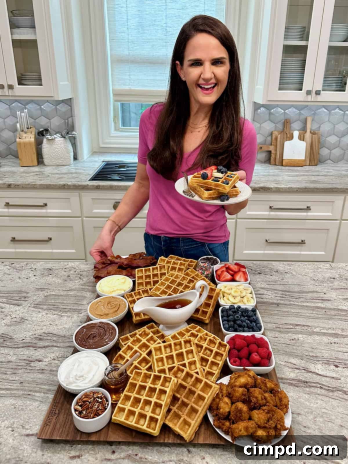 A light-skinned woman with long dark hair, smiling as she holds a plate piled high with waffles, standing proudly over a large, beautifully arranged wood food board laden with an abundance of waffles, fresh fruit, crispy bacon, and a diverse array of toppings.