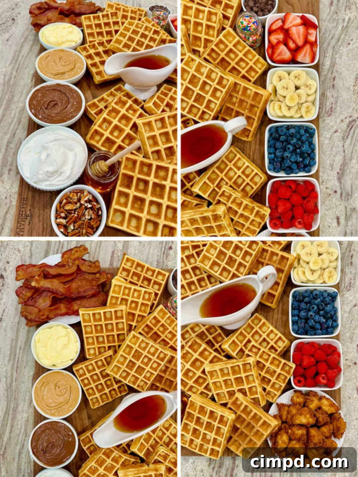 A step-by-step visual guide showing the progression of building a waffle board, from arranging individual topping bowls to placing warm waffles and other main components for a complete spread.
