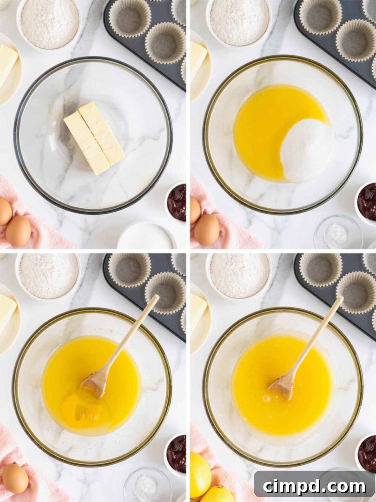 Visual steps illustrating the initial stages of preparing strawberry lemonade cupcakes, including melting butter and mixing wet ingredients.