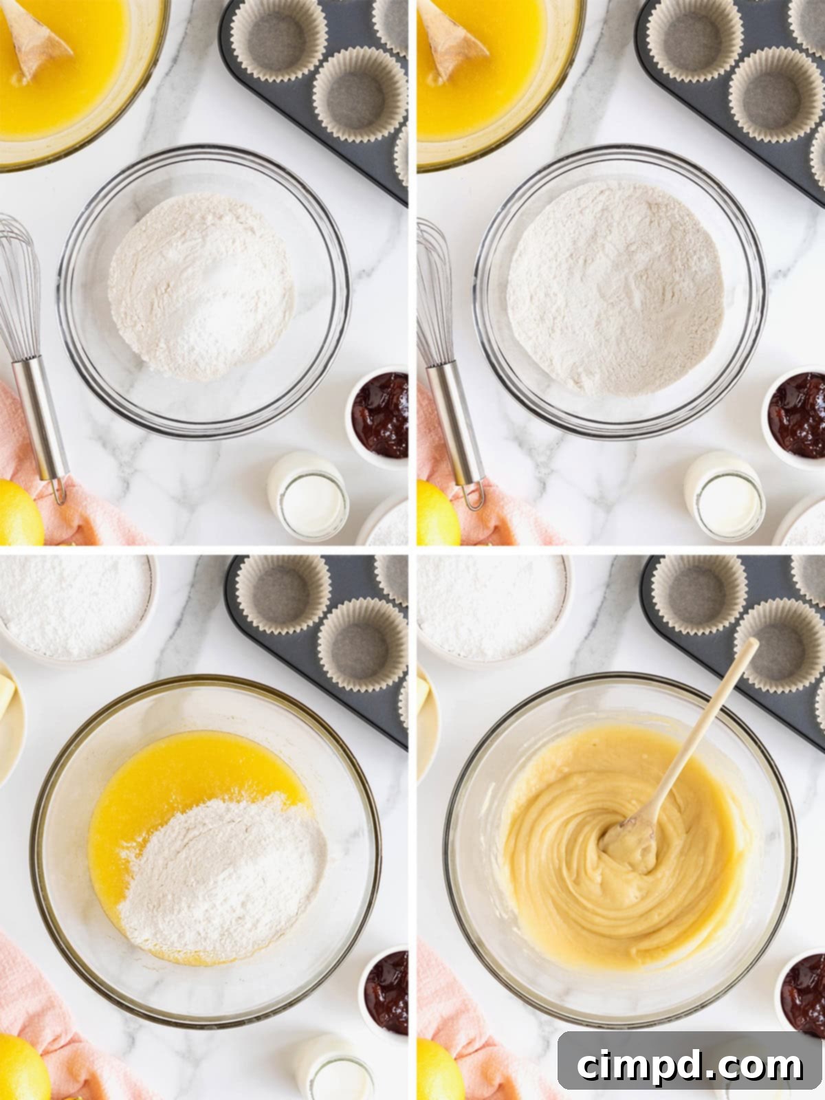 Sequential images demonstrating the process of mixing dry and wet ingredients to form the strawberry lemonade cupcake batter.