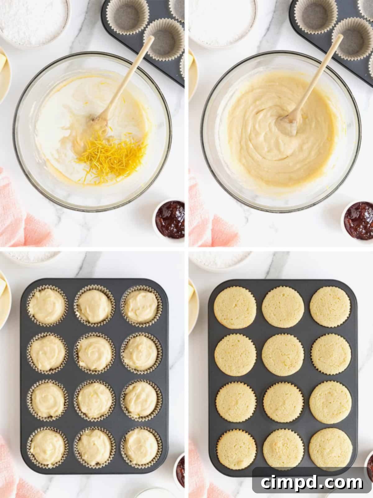 Compilation of images showing the baking process, from dividing batter into cupcake liners to cooling the finished lemon cupcakes.