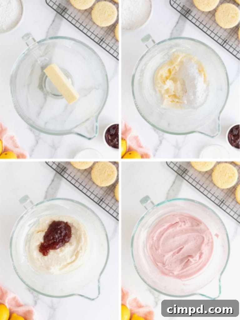 A series of close-up images depicting the various steps involved in preparing the creamy and fluffy strawberry icing for the cupcakes.