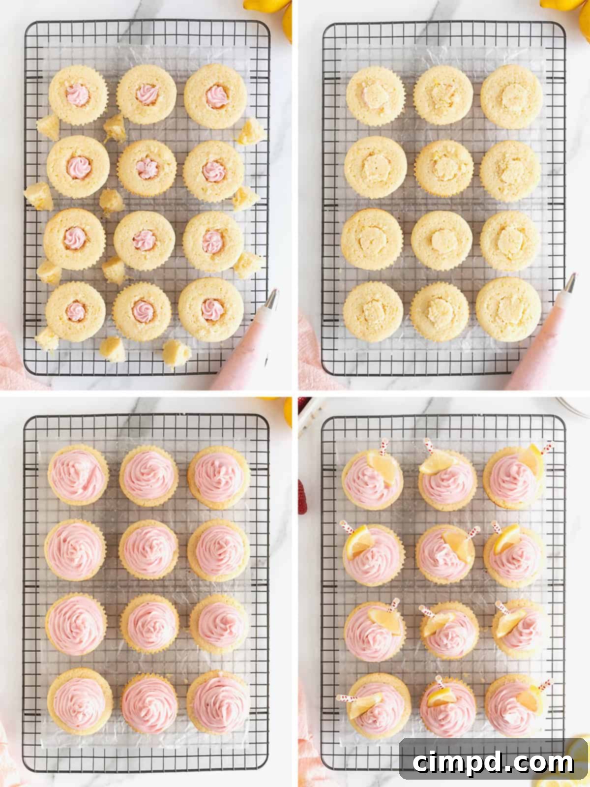 Comprehensive visual guide detailing the final stages of decorating strawberry lemonade cupcakes, including filling, frosting, and garnishing.
