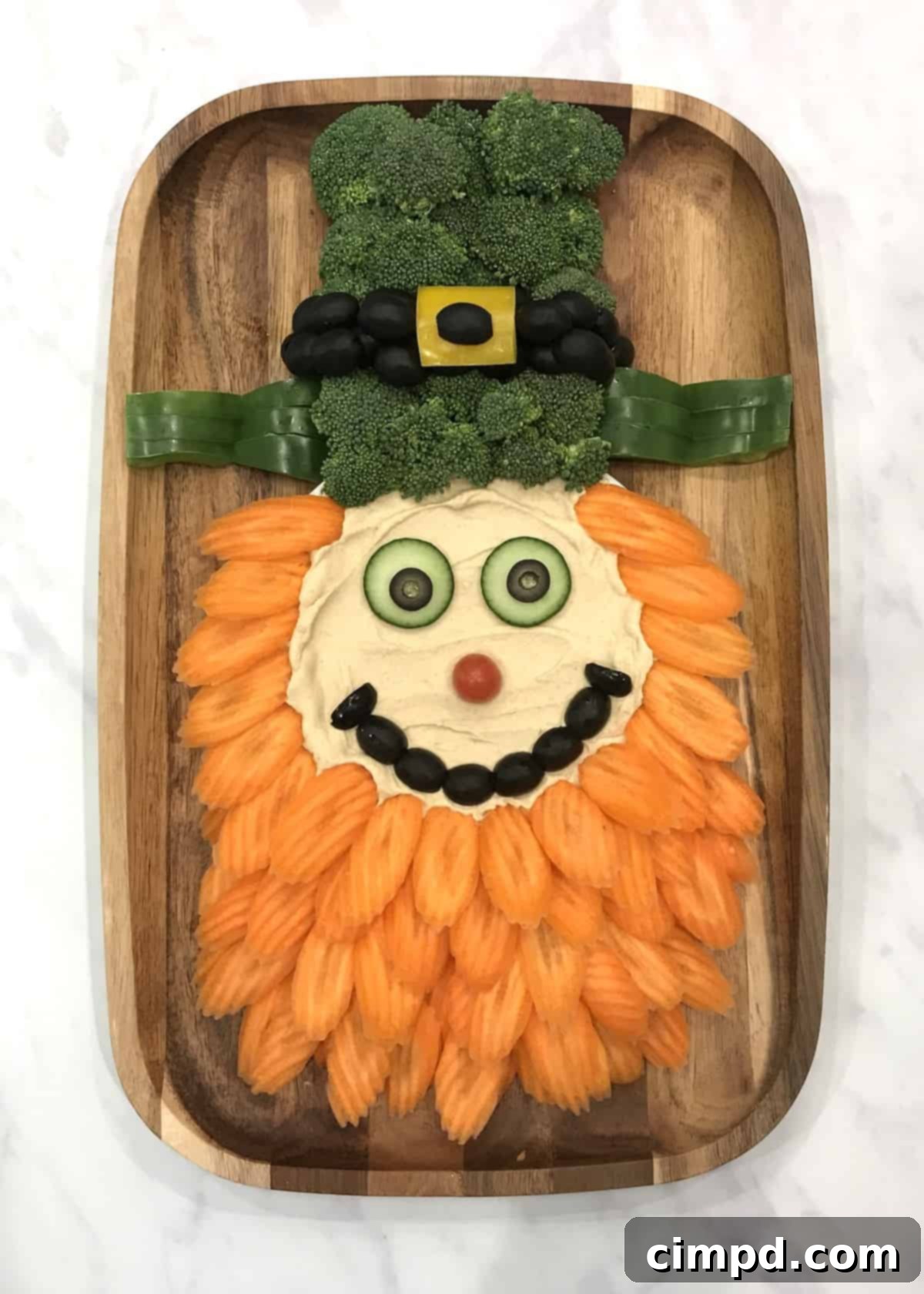 Close-up of the carrot chip beard on the Leprechaun Snack Board