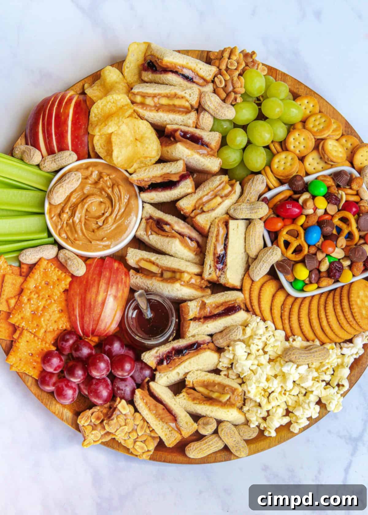 A final close-up of the PB&J Snack Board, ready to be enjoyed.