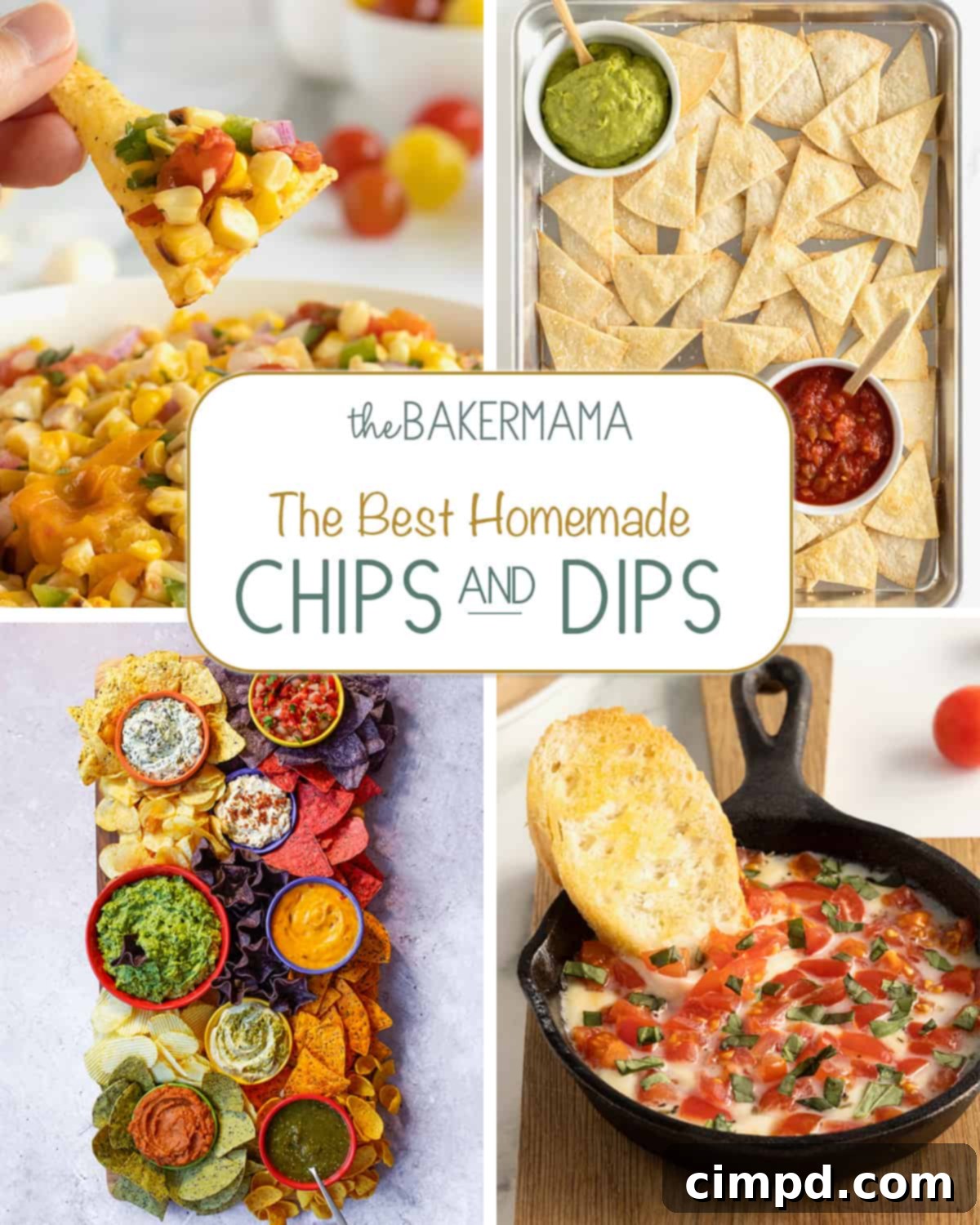 A vibrant display of grilled corn salsa, golden baked tortilla chips, a diverse chips and dips board, and a warm skillet caprese dip, inviting immediate indulgence.