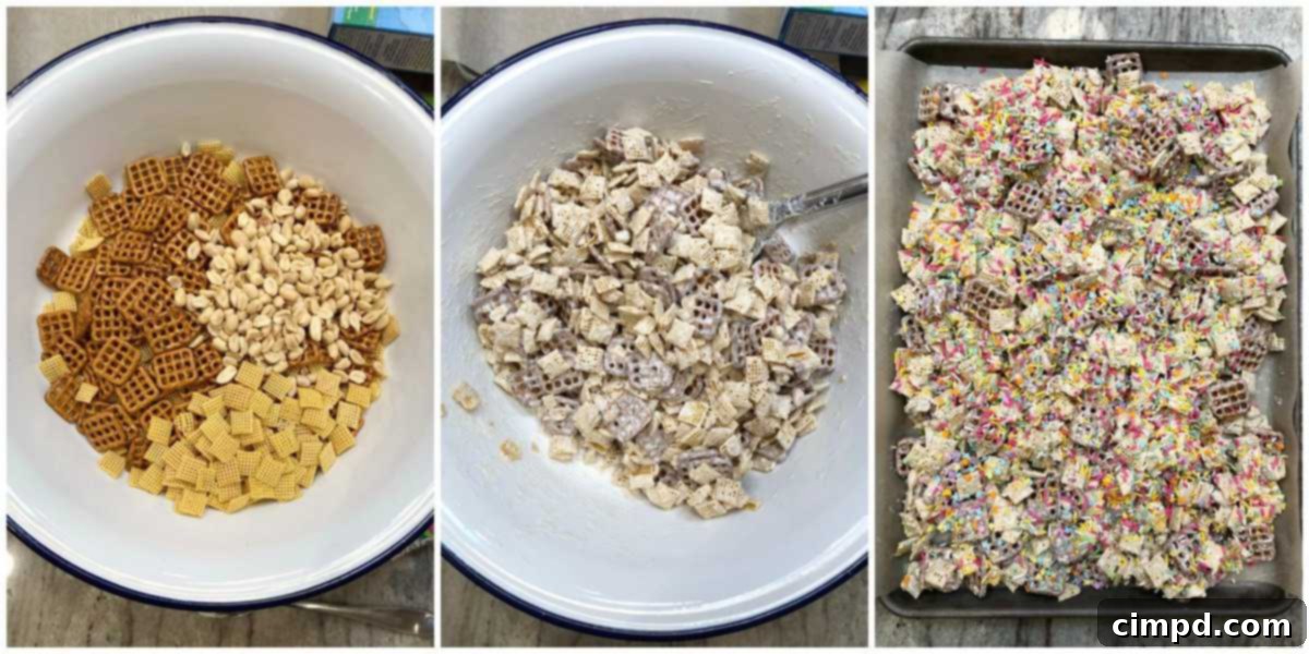 Hoppy Easter Munch 5 Collage showing the step-by-step process of making Easter Snack Mix: combining ingredients, melting candy coating, mixing, spreading, and sprinkling.