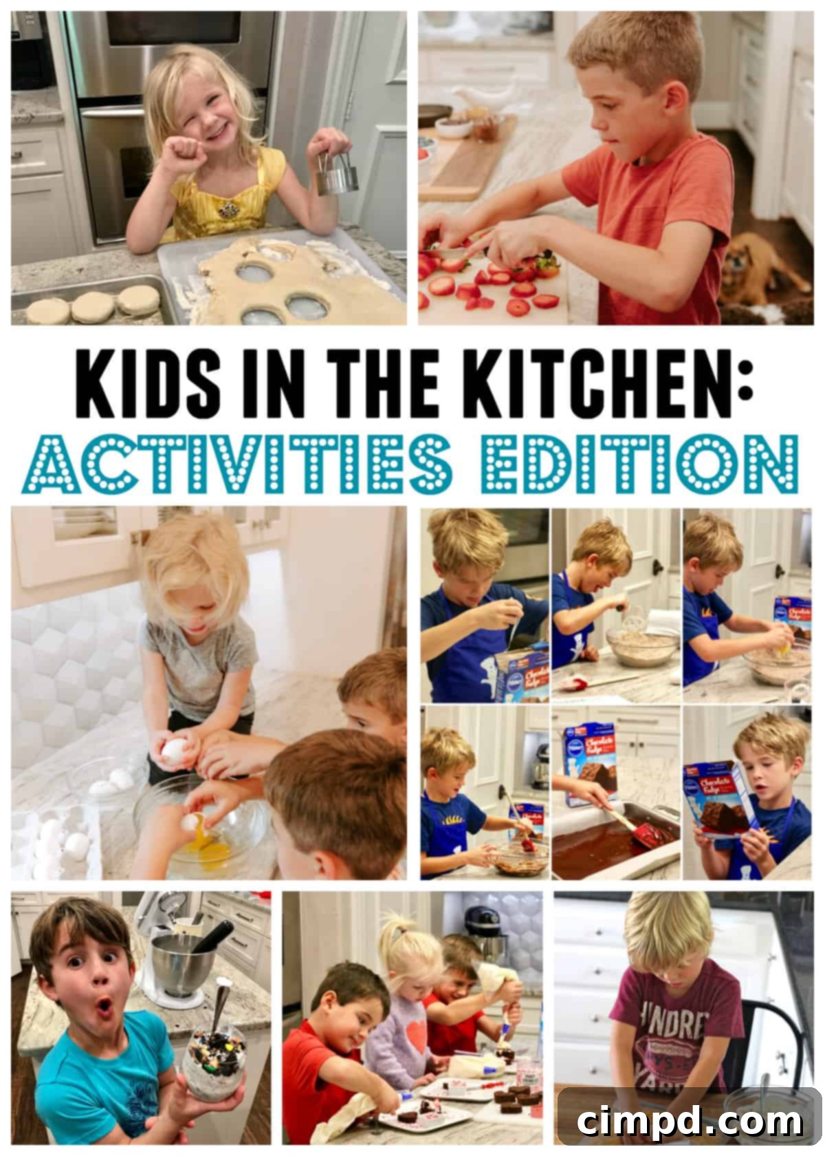 Kids in the kitchen activity card featuring various kid-friendly cooking tasks