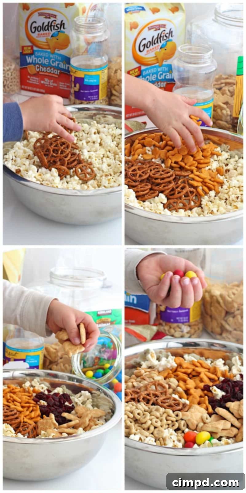 Kids hands mixing Pantry Popcorn Mix ingredients in a bowl