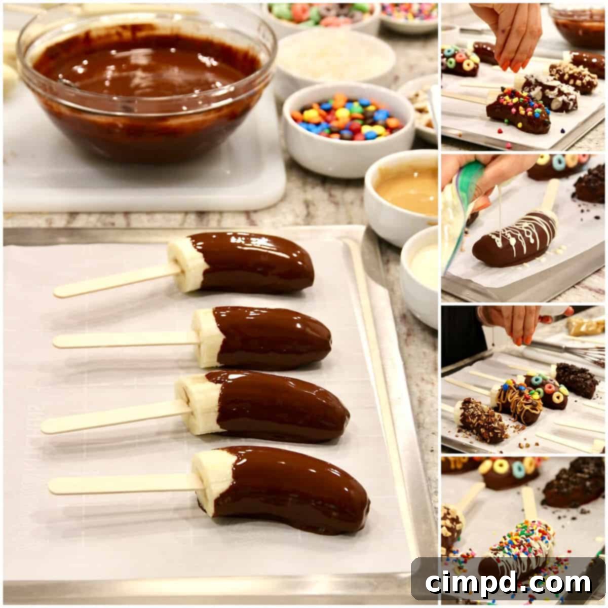 A child's hand decorating a chocolate covered frozen banana pop
