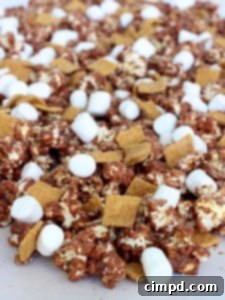 Close-up of S'mores Popcorn with marshmallows and chocolate