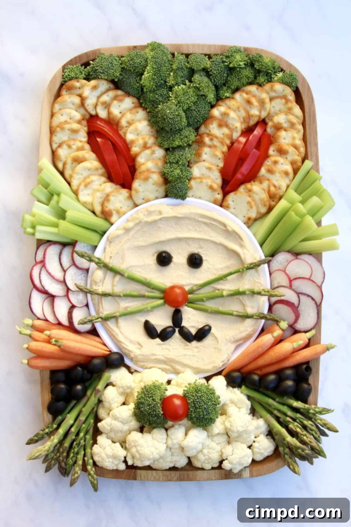 Adorable Easter Bunny Snack Board with Hummus, Veggies, and Crackers