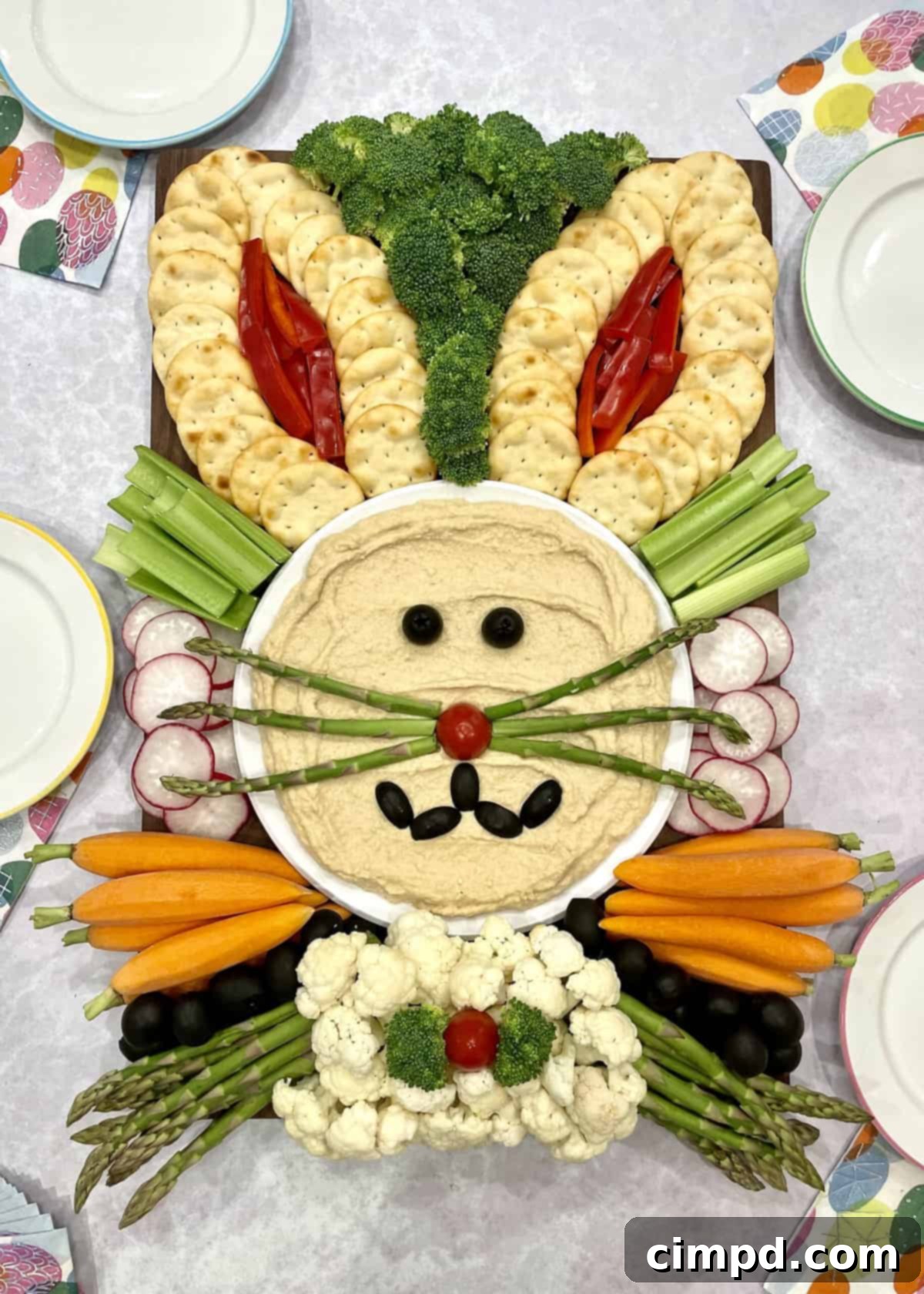 Close-up of a festive Easter Bunny Snack Board, perfect for healthy snacking