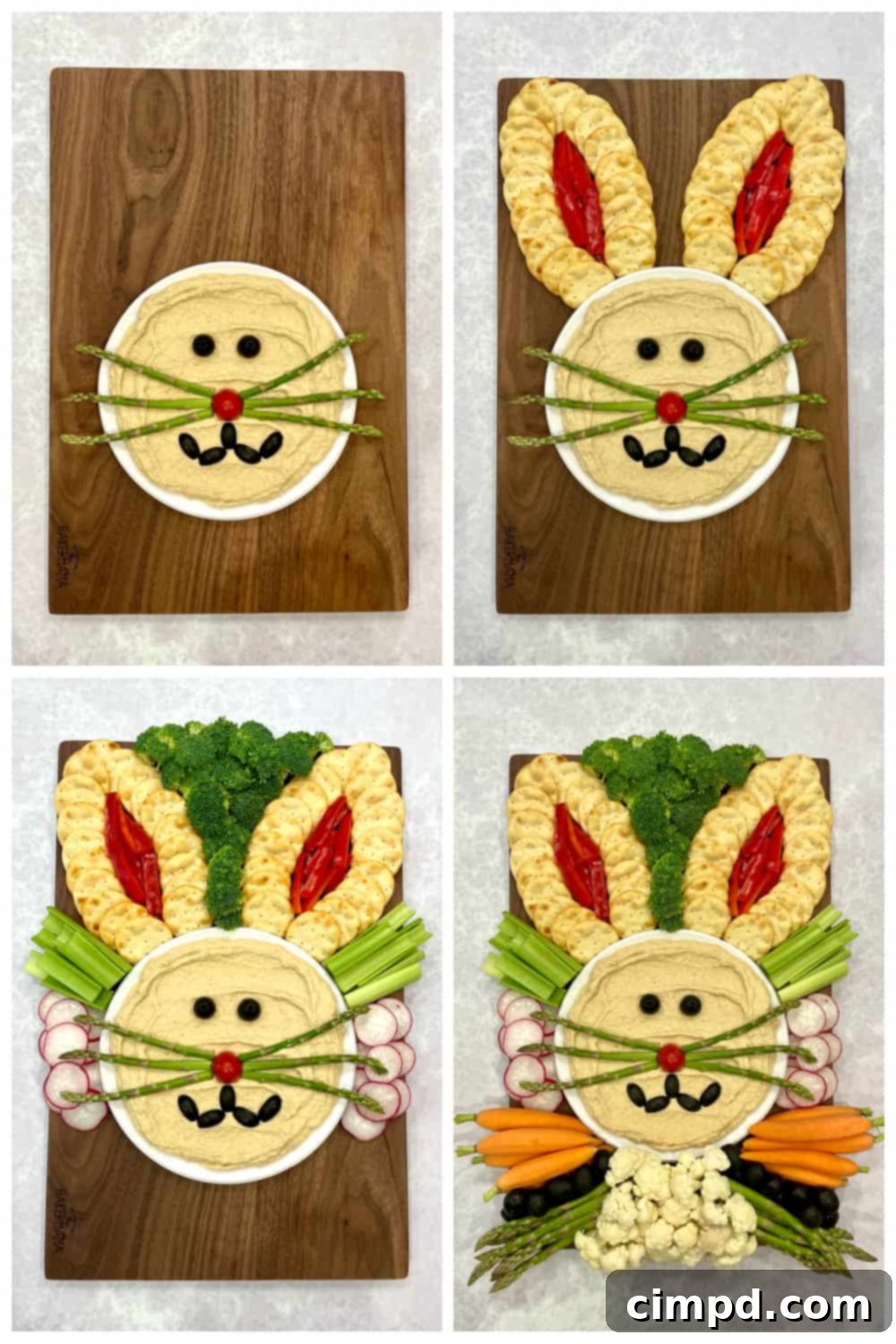 Fully assembled Easter Bunny Snack Board on a wooden platter