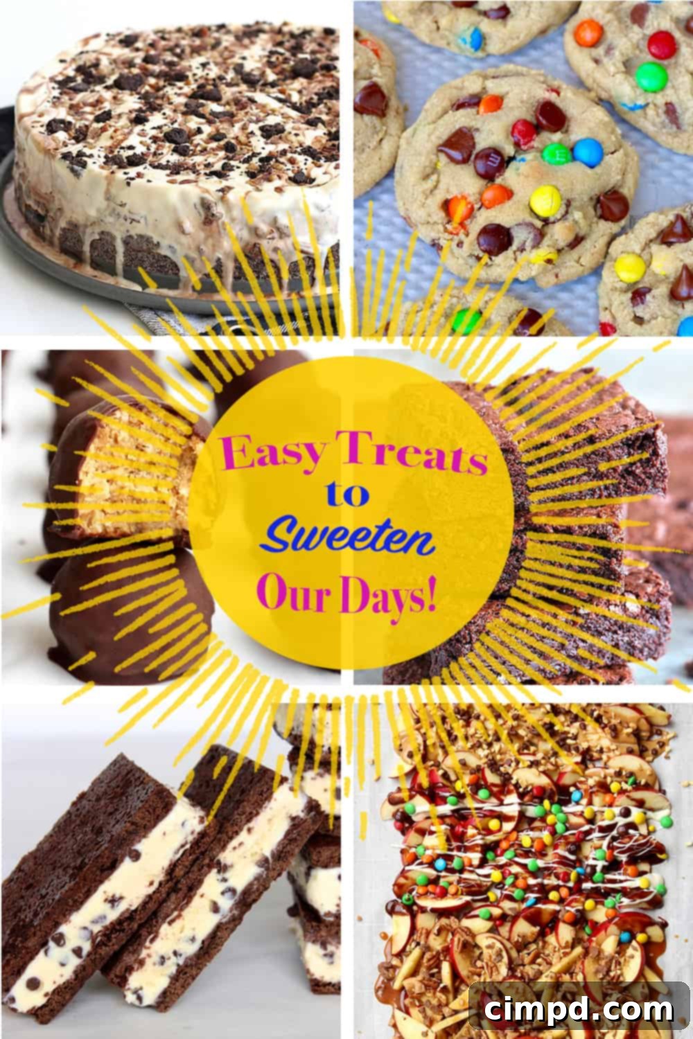 A vibrant collection of easy homemade treats including cookies, cakes, brownies, and muffins, designed to sweeten your day.
