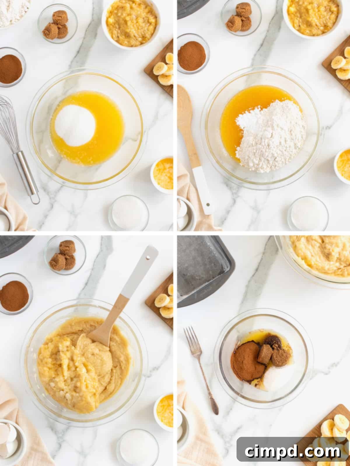 Step-by-step image demonstrating how to layer batter and cinnamon swirl.