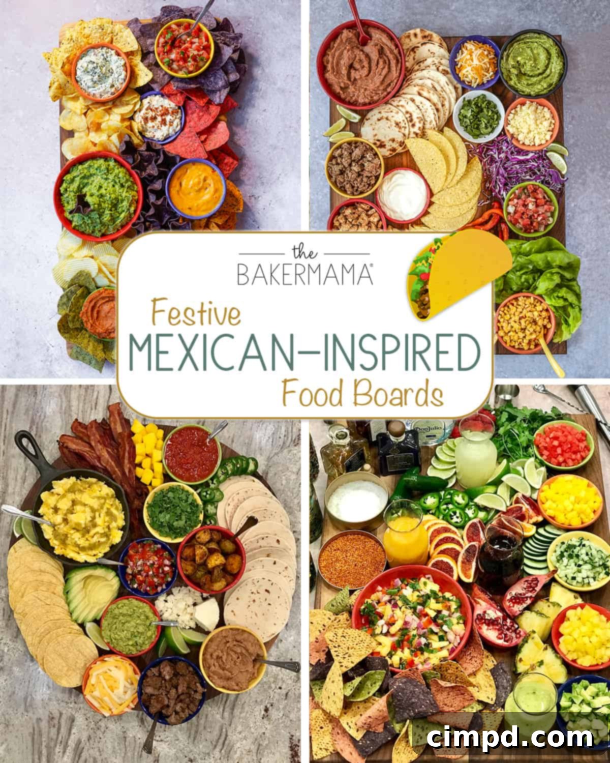 A vibrant Mexican-Inspired Board overflowing with ingredients like meats, cheeses, salsas, and fresh vegetables, set on a wooden surface, ready for guests to build their own dishes.