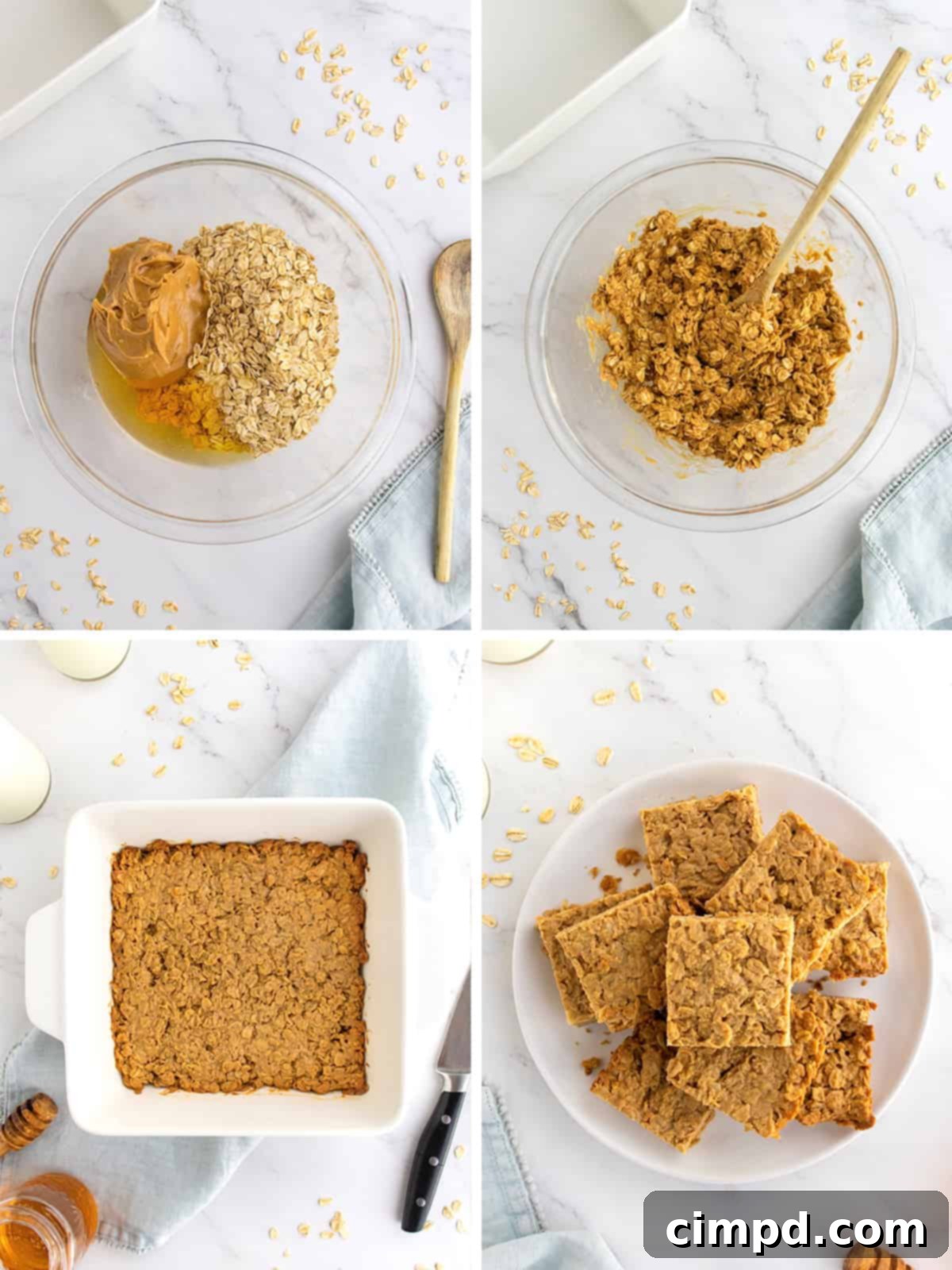 Freshly baked 3-Ingredient Peanut Butter Honey Oat Bars, still warm in the baking dish, ready to cool and be cut.