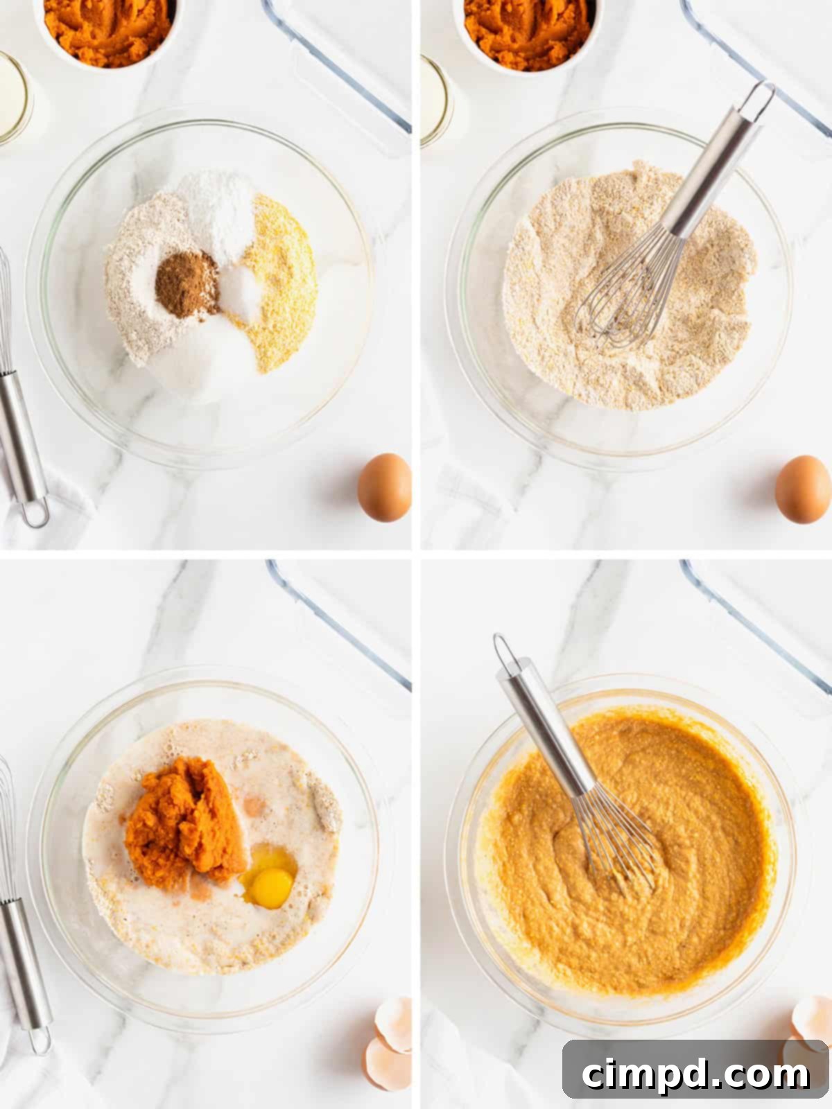 A close-up image displaying the various stages of preparing Whole Wheat Pumpkin Cornbread, from individual ingredients to the mixed batter in a bowl.