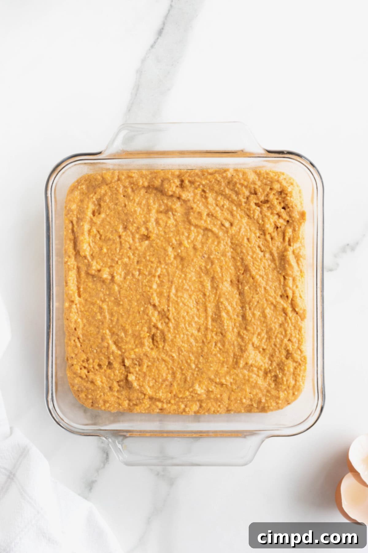 A vibrant golden pumpkin cornbread batter, smooth and ready, poured into a clear square glass baking dish, sitting on a pristine white marble counter.