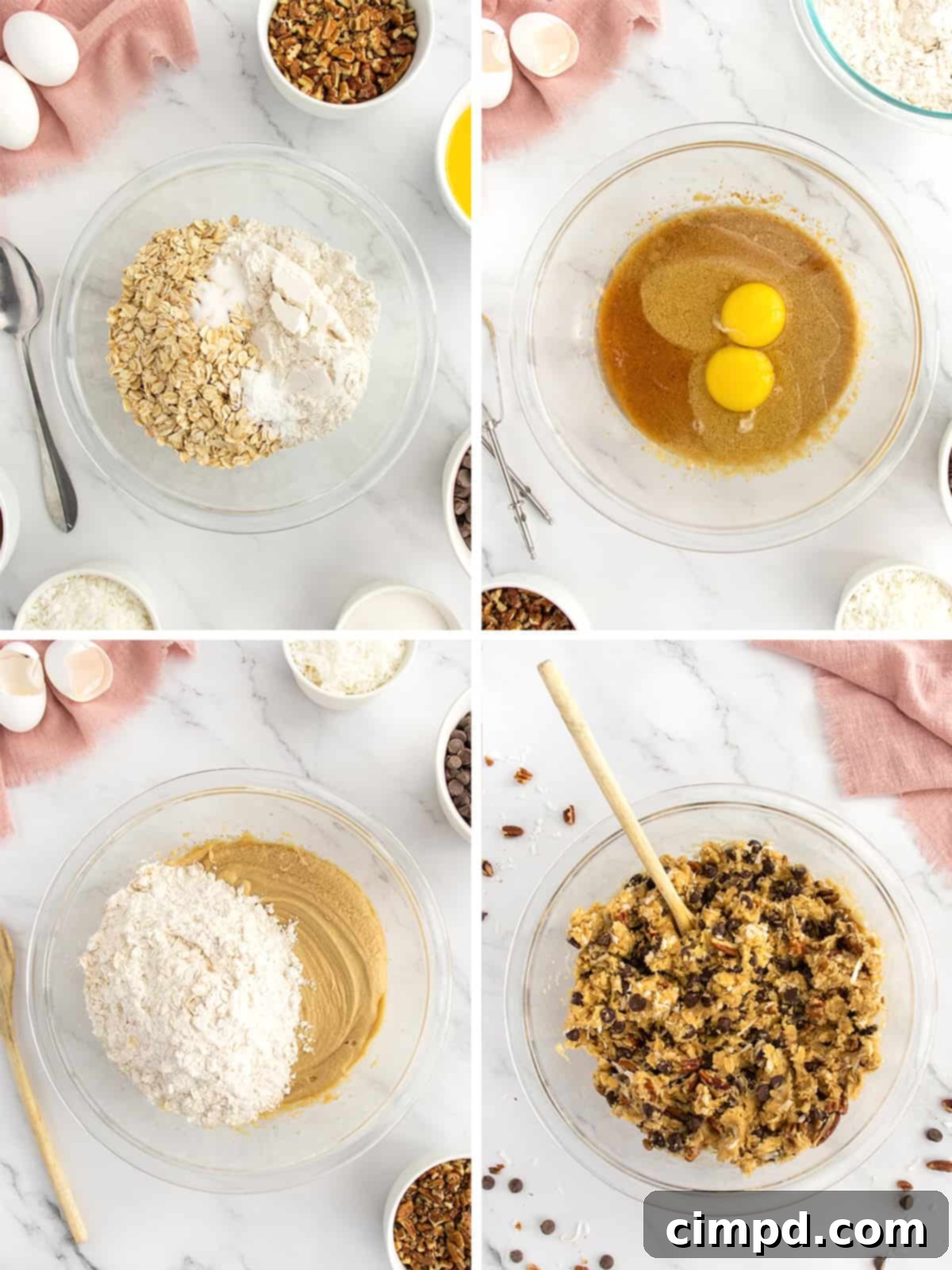 Raw cookie dough balls with chocolate chips, pecans, and coconut, ready for baking