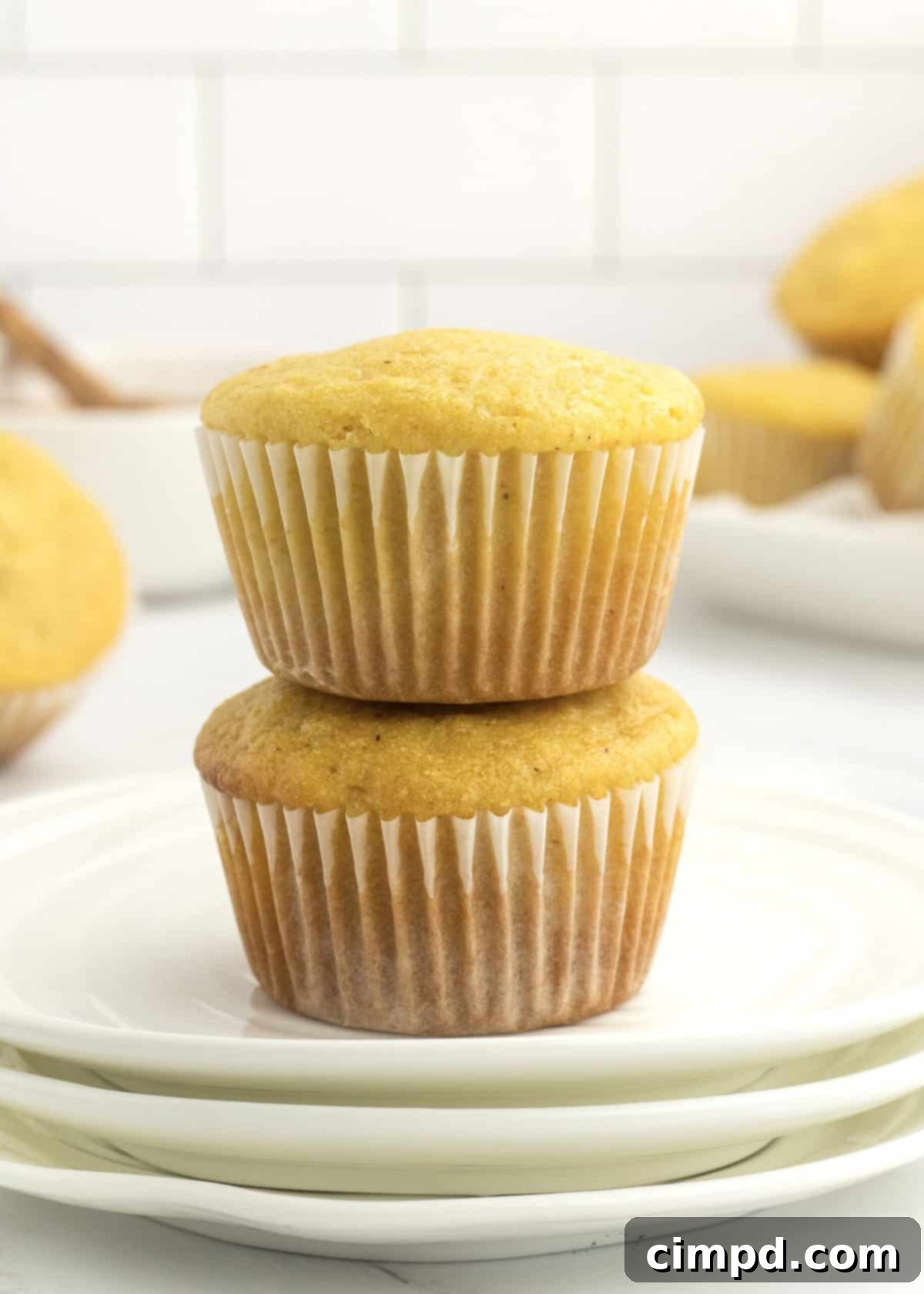 Close-up of a stack of fluffy Honey Corn Muffins