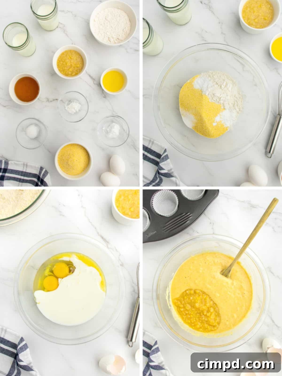 Mixing the batter for Honey Corn Muffins in a large bowl