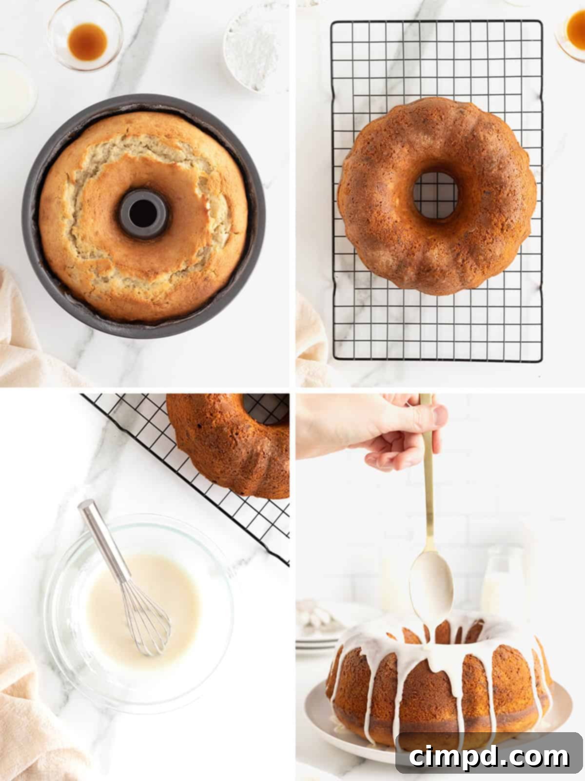 Steps to make and glaze a banana pudding pound cake.