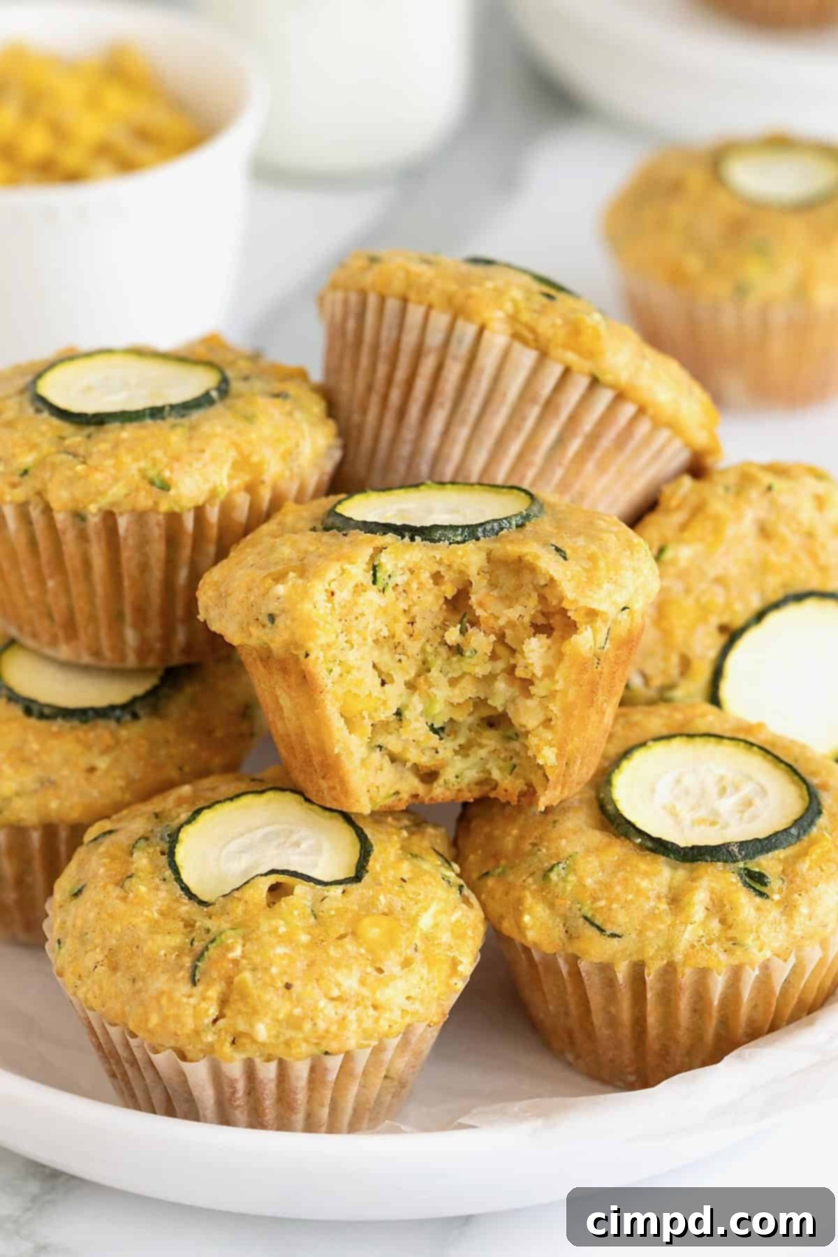 Golden Zucchini Corn Muffins 2 A beautiful pile of golden-brown zucchini sweet corn muffins, freshly baked and arranged on a large white rimmed plate, ready to be enjoyed.
