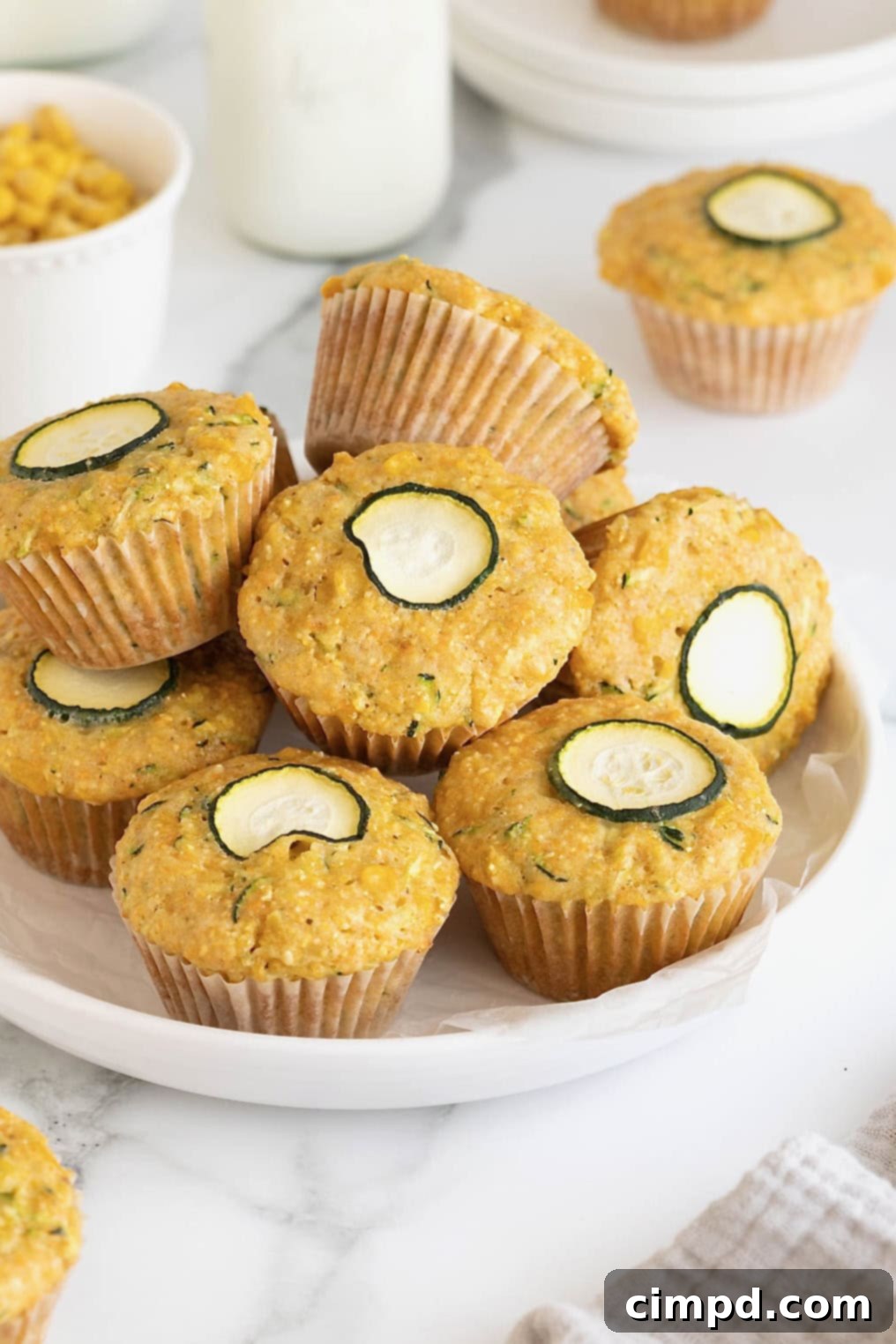 Golden Zucchini Corn Muffins 3 A close-up shot of several zucchini sweet corn muffins, perfectly golden and inviting, arranged neatly on a white rimmed plate.
