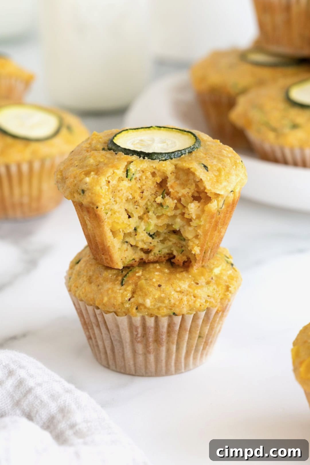 Golden Zucchini Corn Muffins 4 Two freshly baked zucchini sweet corn muffins are gently stacked on a elegant white marble counter, highlighting their inviting texture and golden tops.