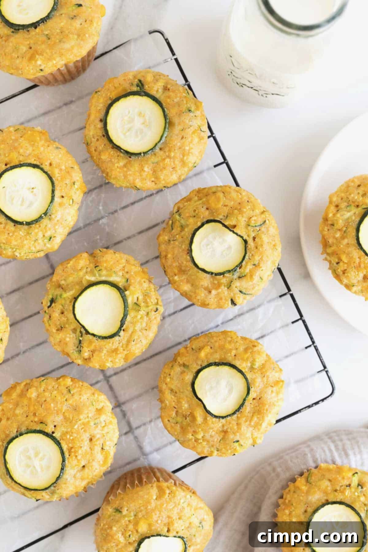 Golden Zucchini Corn Muffins 5 Several zucchini sweet corn muffins, each crowned with a delicate slice of zucchini, are cooling on a wire rack against a soft, bright background.