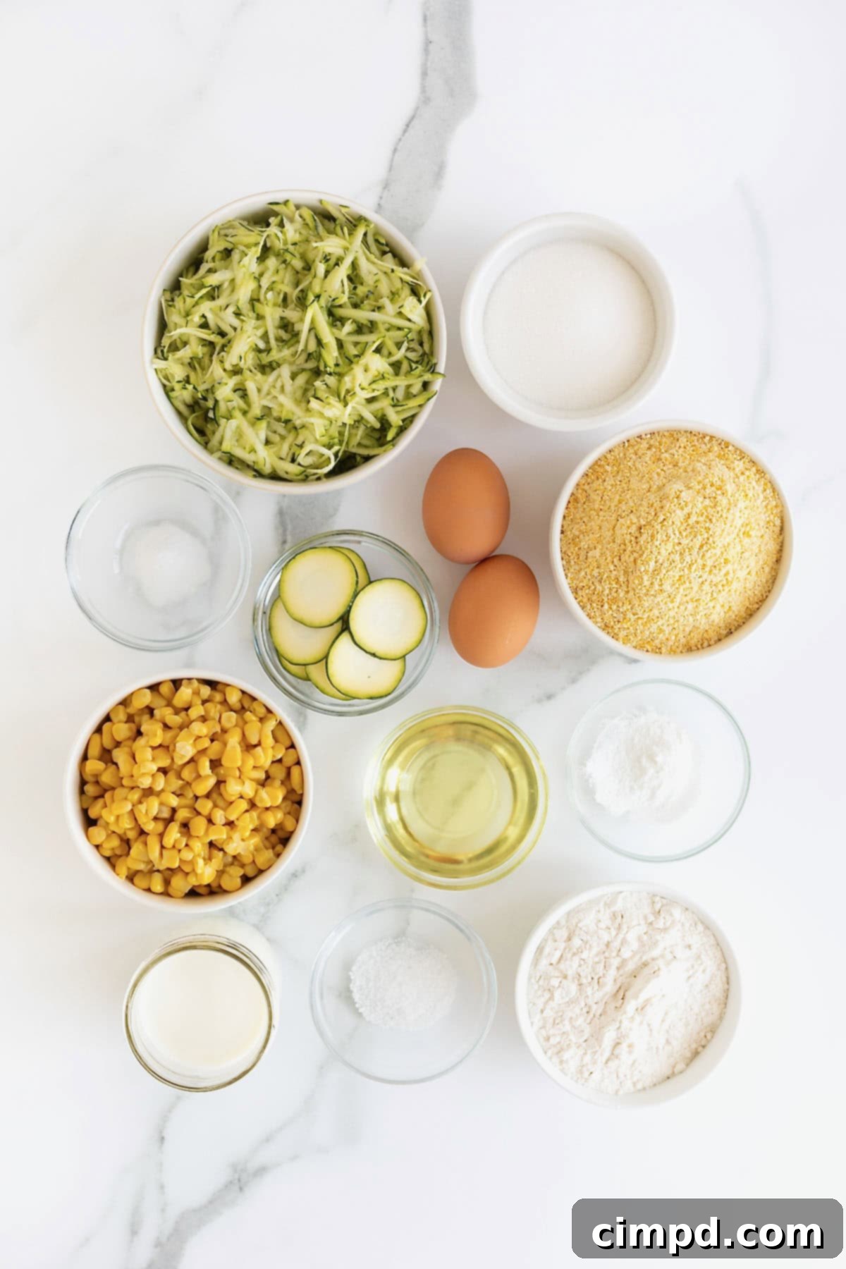 Golden Zucchini Corn Muffins 6 A beautifully arranged collection of ingredients for zucchini sweet corn muffins, displayed in small glass dishes on a pristine white marble counter, showcasing their freshness and readiness for baking.